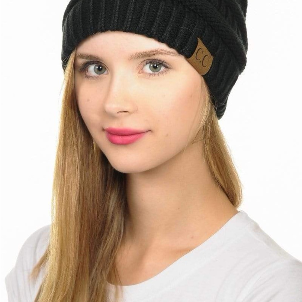 C.C Black Knit Winter Hat Classic Folded Brim